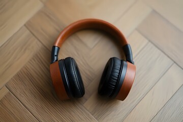 Brown leather wireless headphones with black cushions on wooden parquet floor background, modern audio equipment for music listening and sound entertainment.