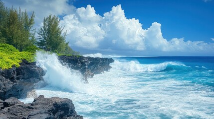 Fototapeta premium Tropical ocean waves crashing rocky shore, lush vegetation, sunny sky, travel postcard