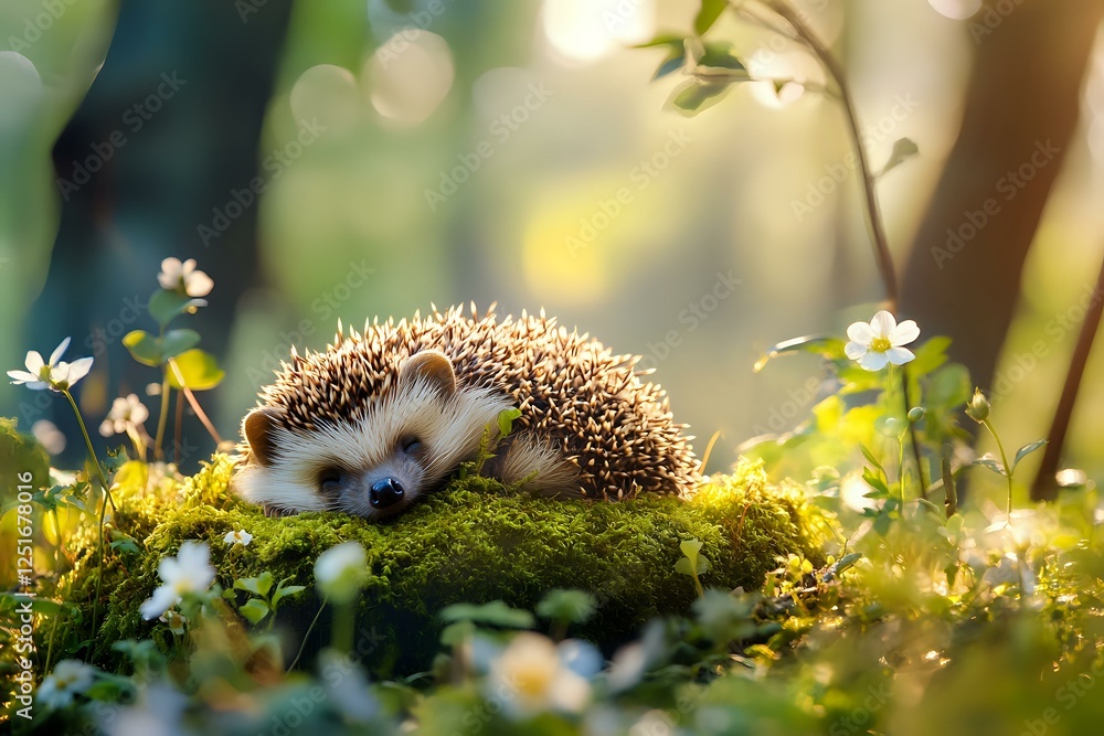 Poster adorable hedgehog resting on moss surrounded by white wildflowers in spring forest setting with soft