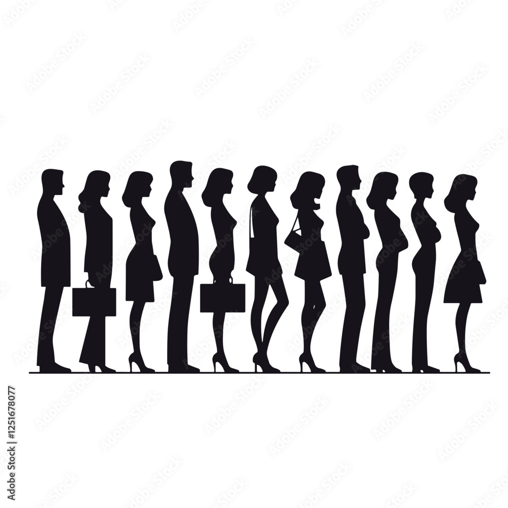 Poster minimalist design featuring a flat icon of a queue with silhouettes of people standing in a straight