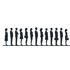 Minimalist design featuring a flat icon of a queue with silhouettes of people standing in a straight line against a plain white background