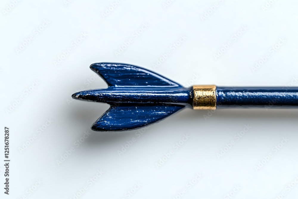 Poster metallic blue dart arrow tip with gold band detail isolated on white background, macro photography c