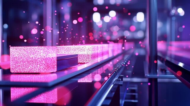 Futuristic conveyor belt transporting glowing cubes in a technologically advanced factory, showcasing automation and innovation in a vibrant pink setting with blurred background