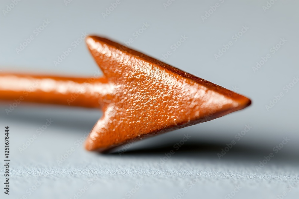 Poster metallic copper arrow tip in macro view against neutral gray background, showing detailed texture an