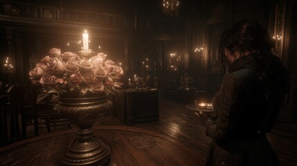 Obraz premium Elegant Roses and Candlelit Service in a Grand Hall with Woman Holding Tray of Candles.
