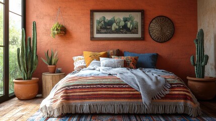 desert chic decor, a cozy terracotta wall, colorful textiles, and a cactus in a clay pot create a southwest vibe in the bedroom