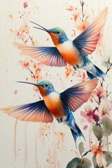 Fototapeta premium Hummingbirds in Flight Watercolor Illustration Colorful Birds Detailed Art Summer Scene