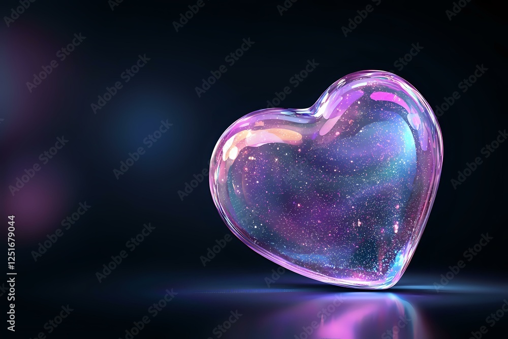 Aufkleber glowing heart shape with iridescent soap bubble texture floating on dark background with purple and 