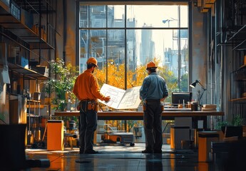 Construction Workers Discussing Architectural Plans in Modern Office with Laptop and Natural Light