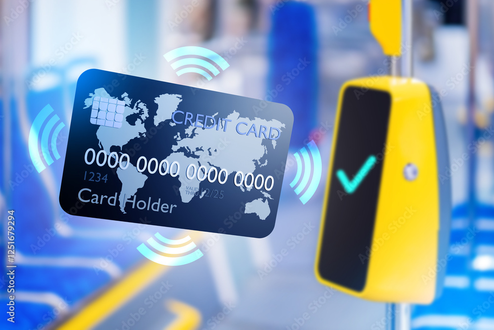 Poster credit card for contactless payment. bank card near nfc validator. contactless fare payment. credit 