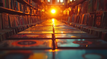 vintage vinyl record store cozy nostalgic music haven with warm lighting colorful album covers and wooden shelves