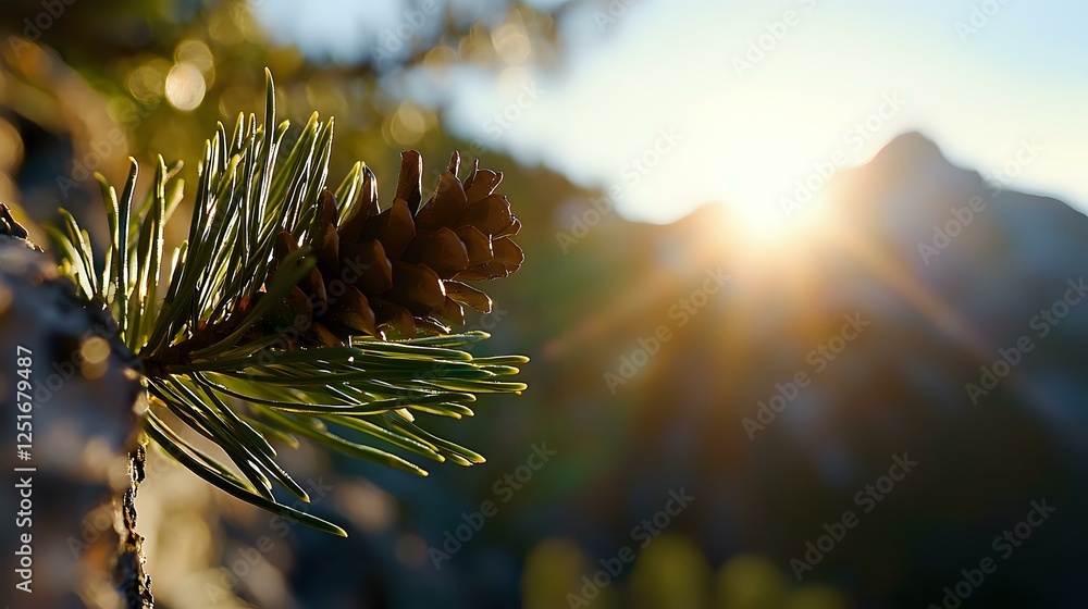 Poster pine branch with cone backlit by golden sunset light in mountains, creating magical bokeh effect and