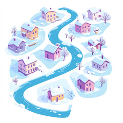 A scenic winter village with snow-covered houses and a winding river