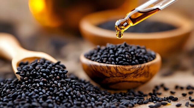 Black cumin seeds in wooden spoon with essential oil dropping from glass pipette, natural healing ingredients on rustic background, wellness concept.