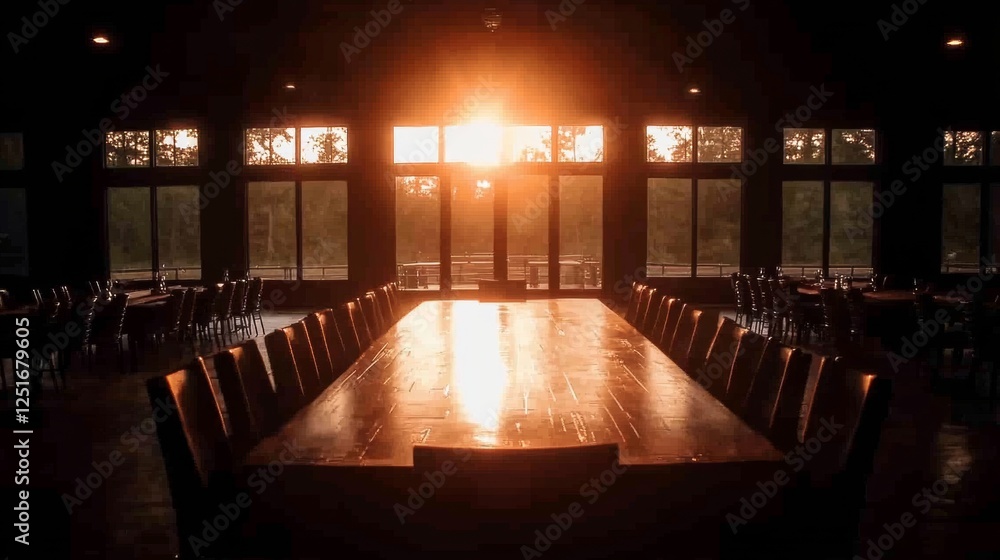 Poster empty dining hall with wooden tables and chairs during sunset with visible trees outside windows.