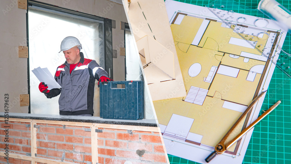 Poster man architect. desk of builder and designer. man architect in gray uniform. construction engineer wi