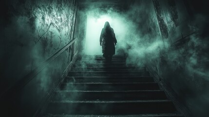 haunting ghostly figure ascending stairs paranormal activity spooky atmosphere eerie shadows vintage photo