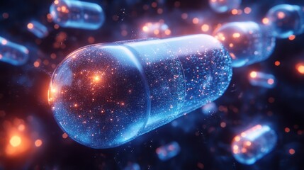 Hyper-Realistic Close-Up of Ethereal Blue Floating Capsules with Sparkling Textures in Dark Blurry Background