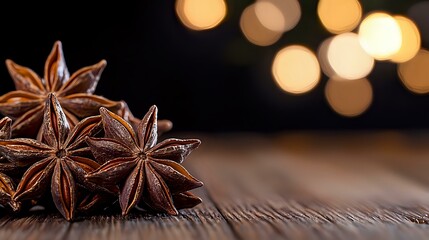 Star anise pods on rustic wooden surface with warm bokeh lights in background creating cozy atmospheric holiday mood for seasonal cooking and baking.