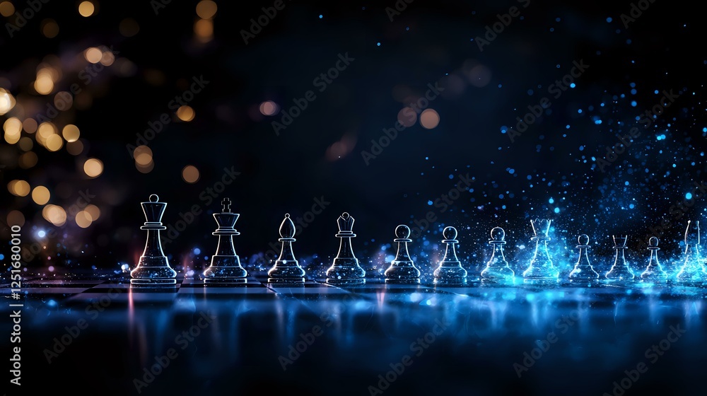 Poster glowing chess pieces lined up on reflective surface with magical blue light effect and bokeh backgro