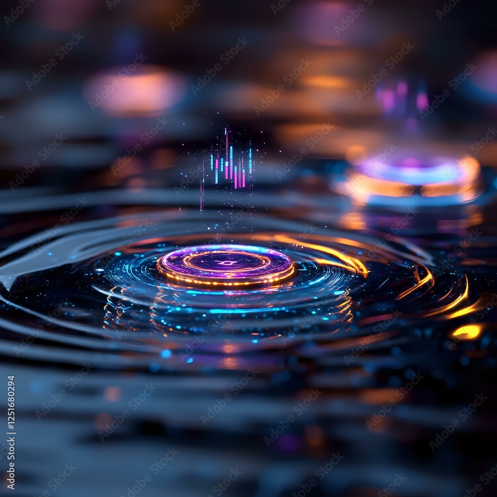 Poster colorful water ripples with neon light reflections creating concentric circles on dark liquid surfac