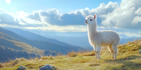 Fototapeta premium White alpaca standing on mountain ridge against dramatic sky and mountain landscape. Sunlit grass and majestic clouds create serene wilderness scene.