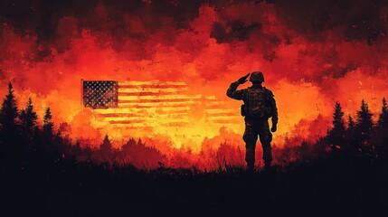 Soldier Saluting American Flag Vintage Illustration Dramatic Lighting Warm Colors Dynamic Composition