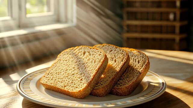Slices of whole grain bread on a plate, against a kitchen table background, in a close-up shot. The focus is sharp, and the light source is natural and soft,