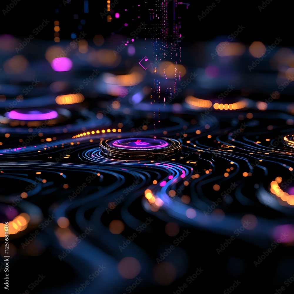 Poster futuristic glowing circles and lines creating dynamic pattern with purple and orange light effects o