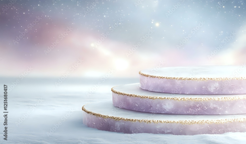 Poster dreamy purple podium with gold trim against misty winter background, layered circular platforms with