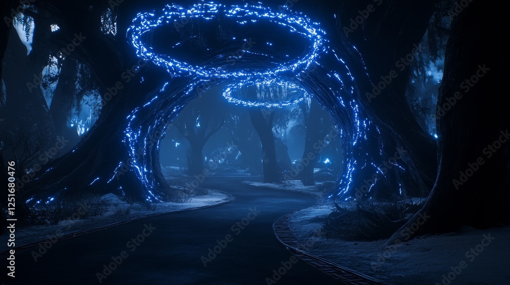 Poster enchanted forest path with luminous arches leading through trees in the dim night.