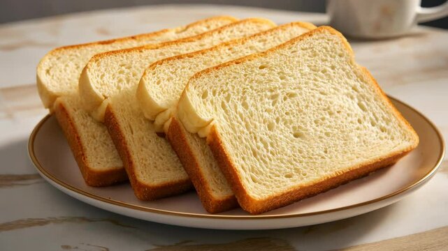 Slices of whole grain bread on a plate, against a kitchen table background, in a close-up shot. The focus is sharp, and the light source is natural and soft,