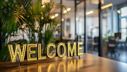 A Warm Welcome: A 'Welcome' Sign in a Modern Office Workspace