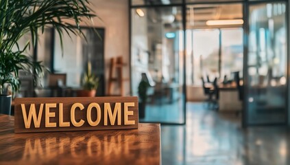 A Warm Welcome: A 'Welcome' Sign in a Modern Office Workspace