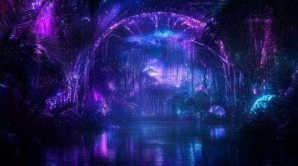 Enchanted Glowing Jungle Archway with Still Waters and Bioluminescent Plants and Crystals.