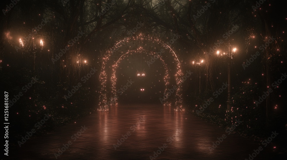 Aufkleber enchanted path with glowing arches in dark forest with eyes and lamp posts shining red.