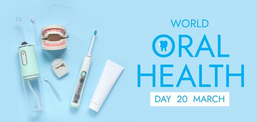 Set for dental hygiene on light blue background. Banner for World Oral Health Day
