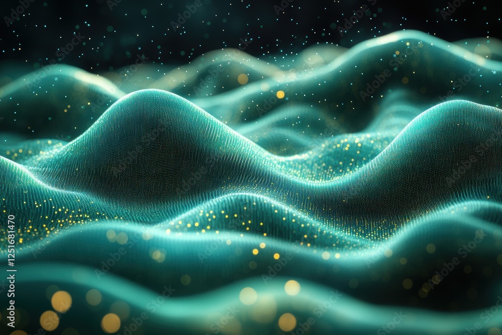 Poster abstract representation of waves with glowing particles in a dark atmosphere.