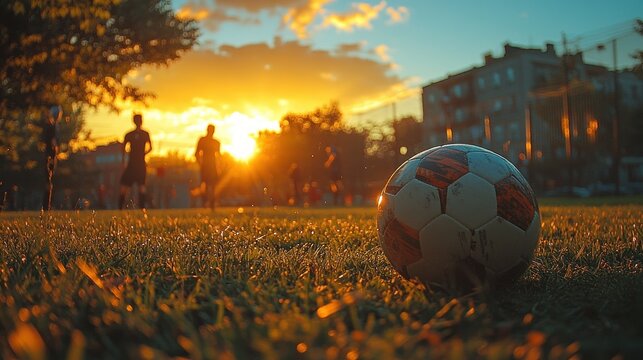 Soccer Training Session at Sunset with Players Practicing in Black Jerseys and Black and White Balls