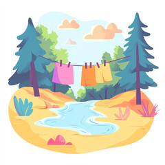 A serene landscape featuring a gently flowing stream surrounded by lush greenery and colorful laundry hanging on a line, evoking a peaceful and vibrant outdoor atmosphere.