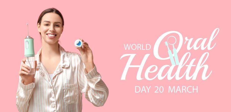 Young woman with irrigator and dental floss on pink background. Banner for World Oral Health Day - Powered by Adobe