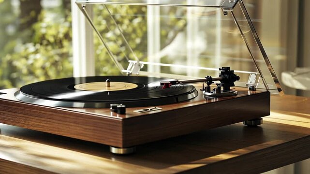 Vintage record player on a table, close-up, with a window background. Retro music vinyl turntable with a blank glass cover for design. 