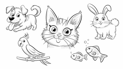 Obraz premium Hand-Drawn Cute Pet Illustrations. Dog, Cat, Rabbit, Parrot, and Fish