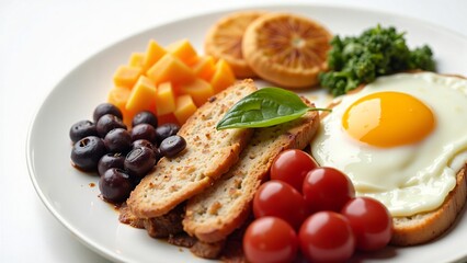 Healthy and Delicious Breakfast Plate with Fried Egg, Toast, Berries, and Fruit