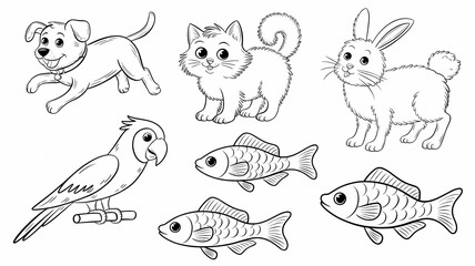 Obraz premium Hand-Drawn Cute Animal Illustrations. Dog, Cat, Rabbit, Parrot, and Fish