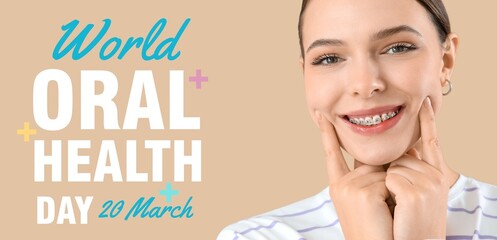 Young woman with dental braces smiling on beige background. Banner for World Oral Health Day
