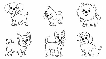Obraz premium Line Art of Six Playful Dog Breeds, Cute Pups in Various Poses
