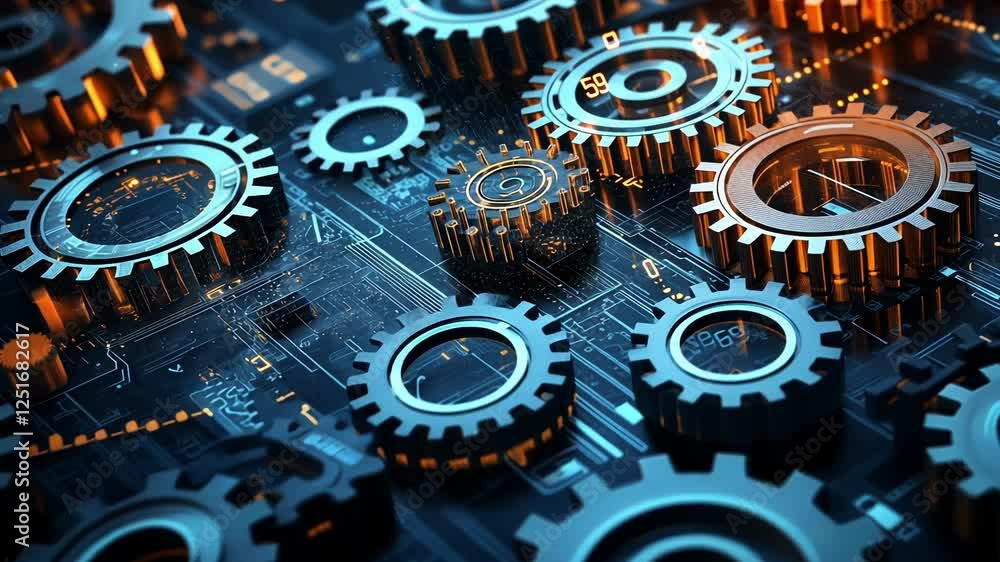 Poster complex metallic gears are rotating inside futuristic machine showing teamwork and collaboration, cr