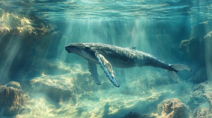 Fototapeta premium A breathtaking underwater view of a humpback whale swimming peacefully through the crystal-clear ocean, its enormous fins moving effortlessly with the currents