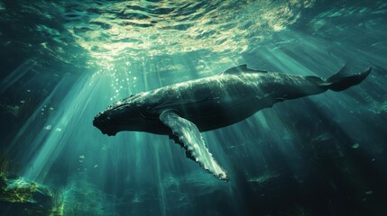 Fototapeta premium A breathtaking underwater view of a humpback whale swimming peacefully through the crystal-clear ocean, its enormous fins moving effortlessly with the currents